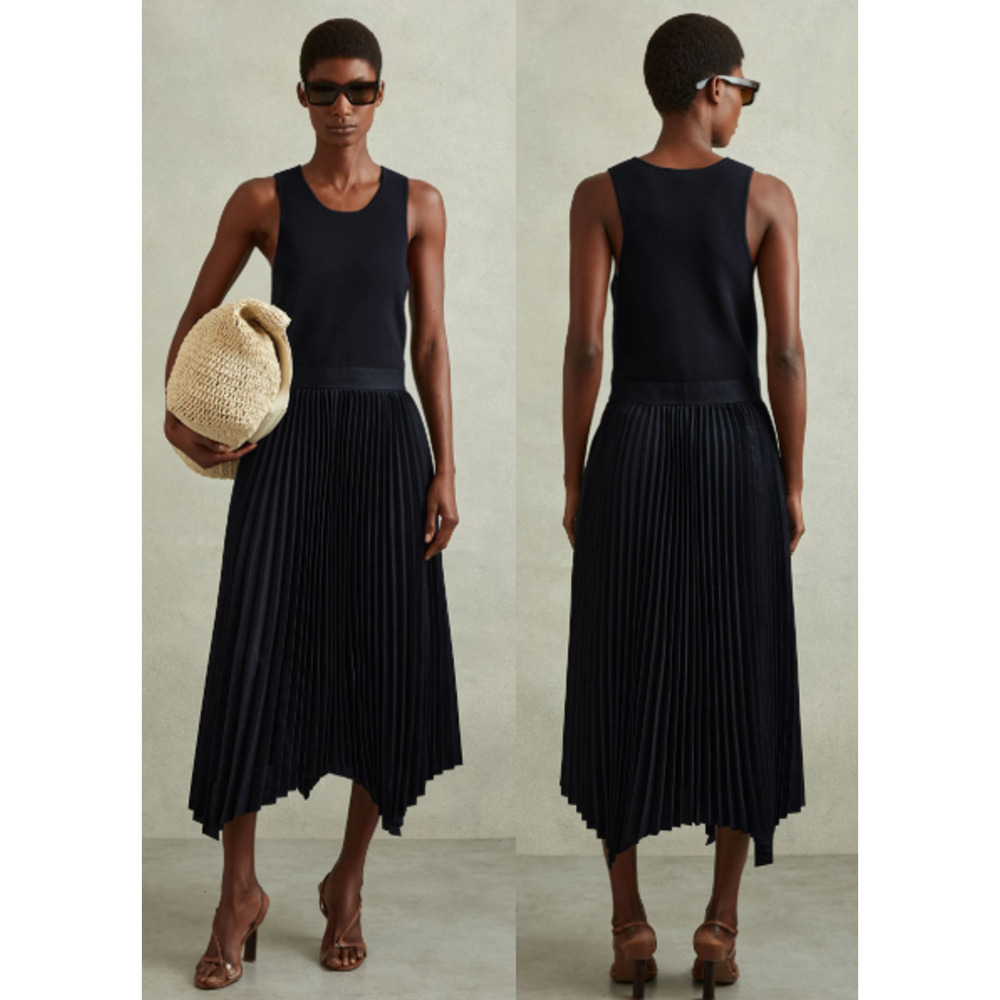 Reiss Navy Sleeveless Pleated Midi Dress